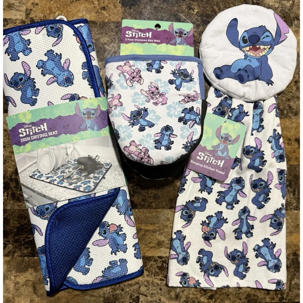NEW Disney Lilo Stitch Kitchen Set Dish Drying Mat Oven Mitts Hanging Hand Towel